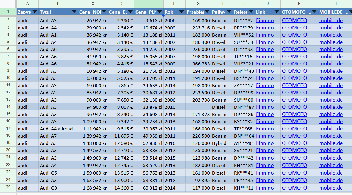 Raport ofert samochodów z Norwegii – widok arkusza XLSX